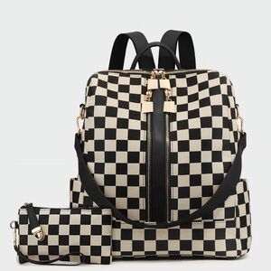 Checkered Black and White Backpack and Pouch Set